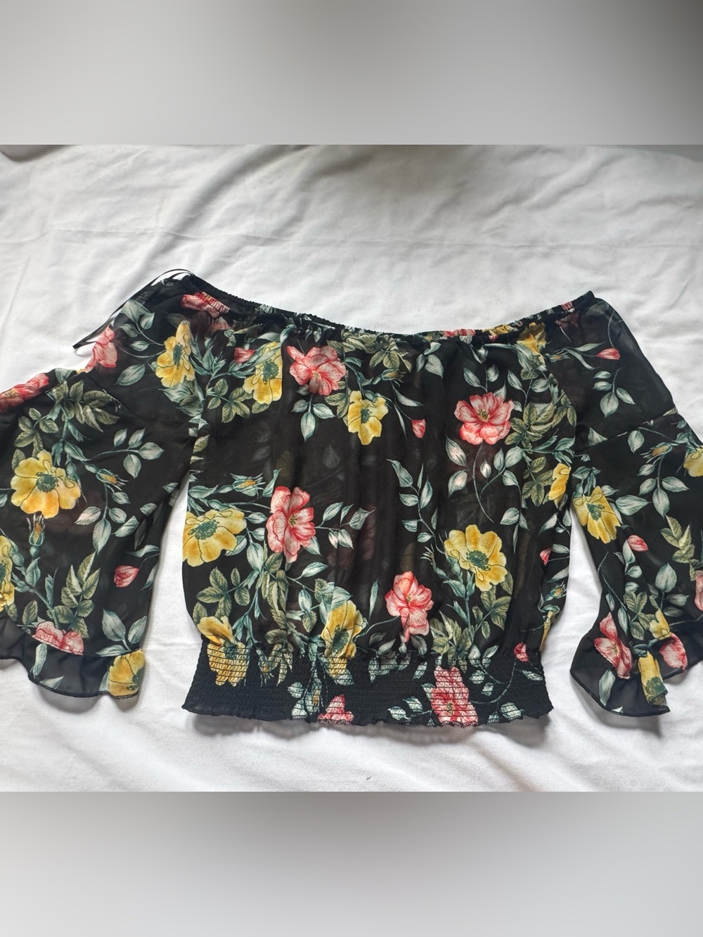 Love Tree Black Off-Shoulder Floral Smocked Hem Blouse